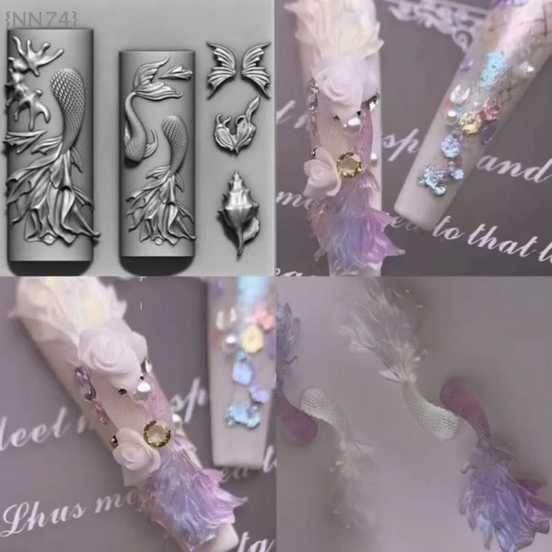 Transparent 3D Silicone Nail Mold – Retro Music/Punk Style, Sweet Cool Mermaid Tail & Shell Templates For Nails & Jewelry Cra