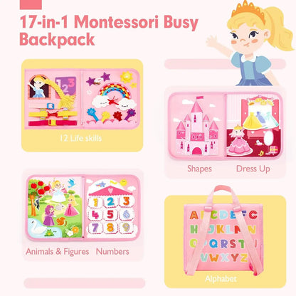 Toddler Busy Board Montessori Toys Learning Educational Activities Travel Toy Dinosaur Dress up Sensory Life Skill Backpack