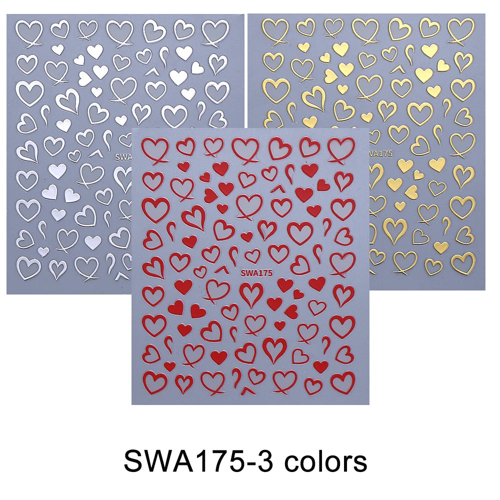 3pcs Valentine's Day Nail Art Stickers 3D Black White Pink Lines Love Heart Nail Decals DIY Adhesive Slider Manicure Decorati