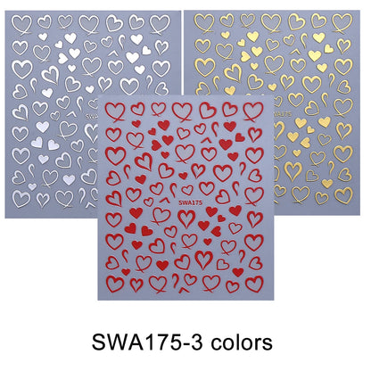 3pcs Valentine's Day Nail Art Stickers 3D Black White Pink Lines Love Heart Nail Decals DIY Adhesive Slider Manicure Decorati