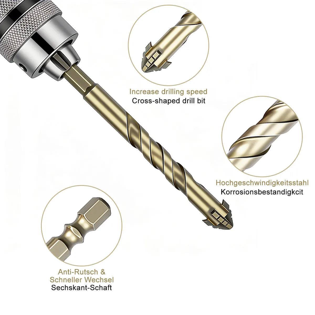 High-Four-Edged Serrated Eccentric Drill for Dry Drilling of Ceramic Tiles, Glass, Marble, Concrete, Stainless Steel Drill Bi