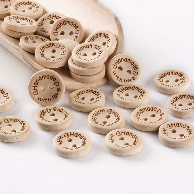 100/140 Pcs Assorted Sizes Wood Buttons Set, Natural Khaki Handmade with Love Tags for Sewing,Crafting, DIY Clothing Accessor