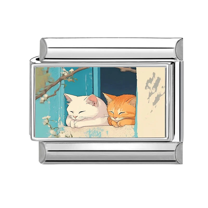 2026 New Women's Gift Cute Cat Looks at the cake Italian Charm Links Beads Fit 9mm Stainless Steel Modular Bracelet Jewelry G