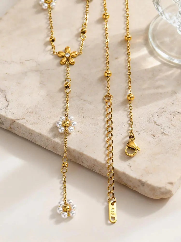 Golden Drop Lariat Chain, Women's Layered Beaded Y Necklace, Stainless Steel Flower Pearl Long Pendant Fashion Jewelry Gift