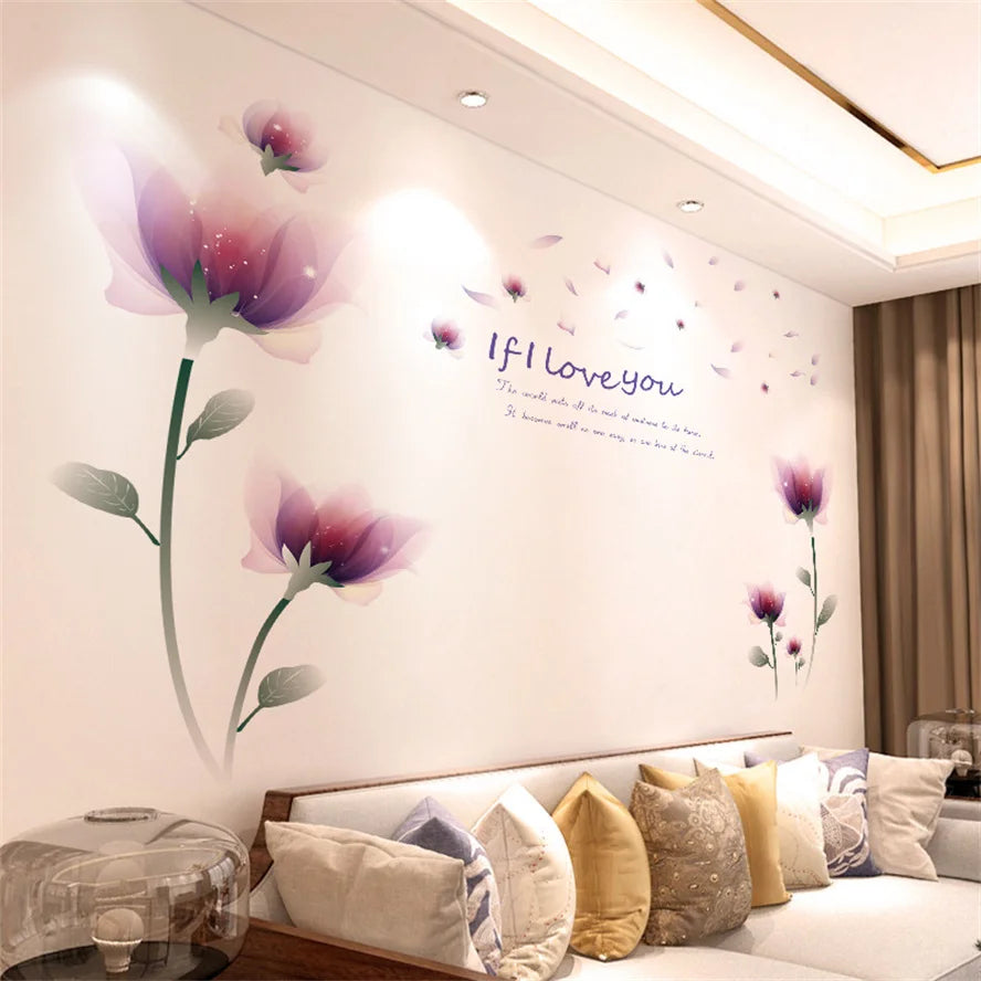 DIY Purple Lavender Living Room Wall Stickers Decor Self-adhesive Flowers Butterfly Wall Decals Mural Bedroom Home Decoration