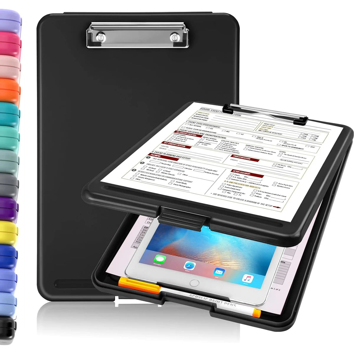 Clipboard with Storage (Multiple Colors Available) with Low Profile Clip, 9.5 x 13 Inch Sturdy Portable Writing Board, Foldab