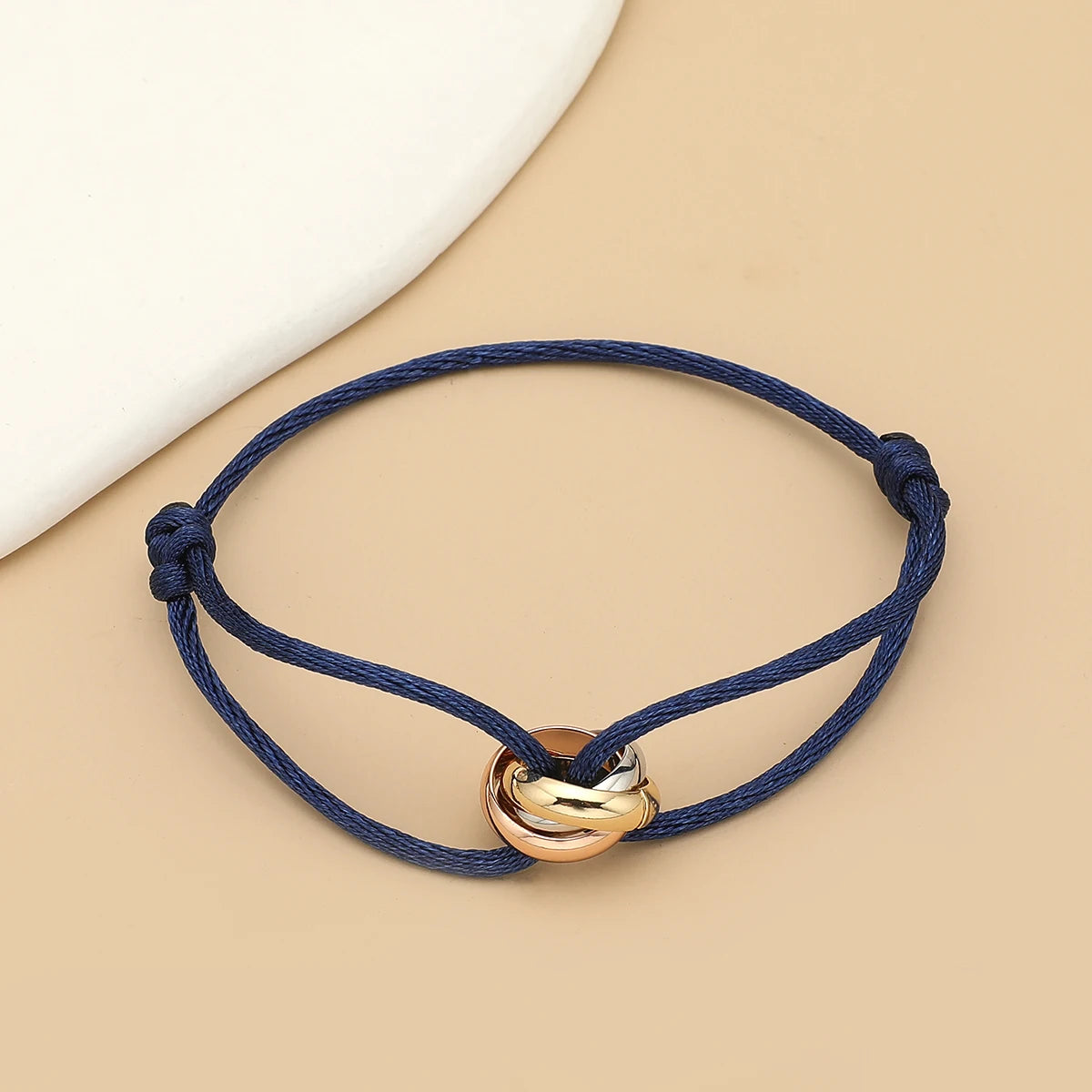 Simple Fashion Unisex Bracelet 3 Metal Round Circle Accessory Adjustable Men's Rope Bracelet for Women Jewelry Gifts - navy b