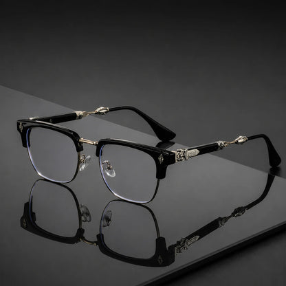 Vintage Cross Carving Glasses Men Women Luxury Half Frame Anti Blue Light Eyeglasses Retro Square Computer Eyewear - Black Go