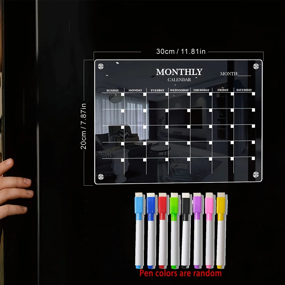 Magnetic Acrylic Dry-Erase Calendar-Clear Planner for Fridge, Ideal Kitchen Organizer for Home & Office with Marker Pen Inclu