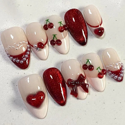 24Pcs Short Round Almond Lovely False Nails Full Cover Fresh Cartoon Fruit Pattern Designs Wearing Nails Art French Summer Na
