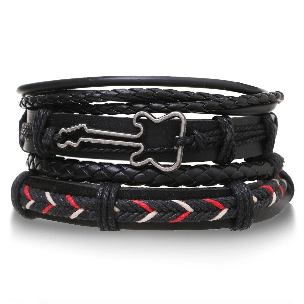 4Pcs/ Set Braided Wrap Leather Bracelets for Men Vintage Life Tree Rudder Charm Wood Beads Ethnic Tribal Wristband Rope Brace