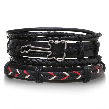 4Pcs/ Set Braided Wrap Leather Bracelets for Men Vintage Life Tree Rudder Charm Wood Beads Ethnic Tribal Wristband Rope Brace