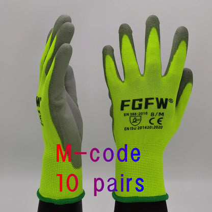 10 Pairs PU Coated Work Gloves - Lightweight, Durable Safety Gloves EN 388/ISO20471 Certified, Sizes S/M/L/XL - M-code 10pair