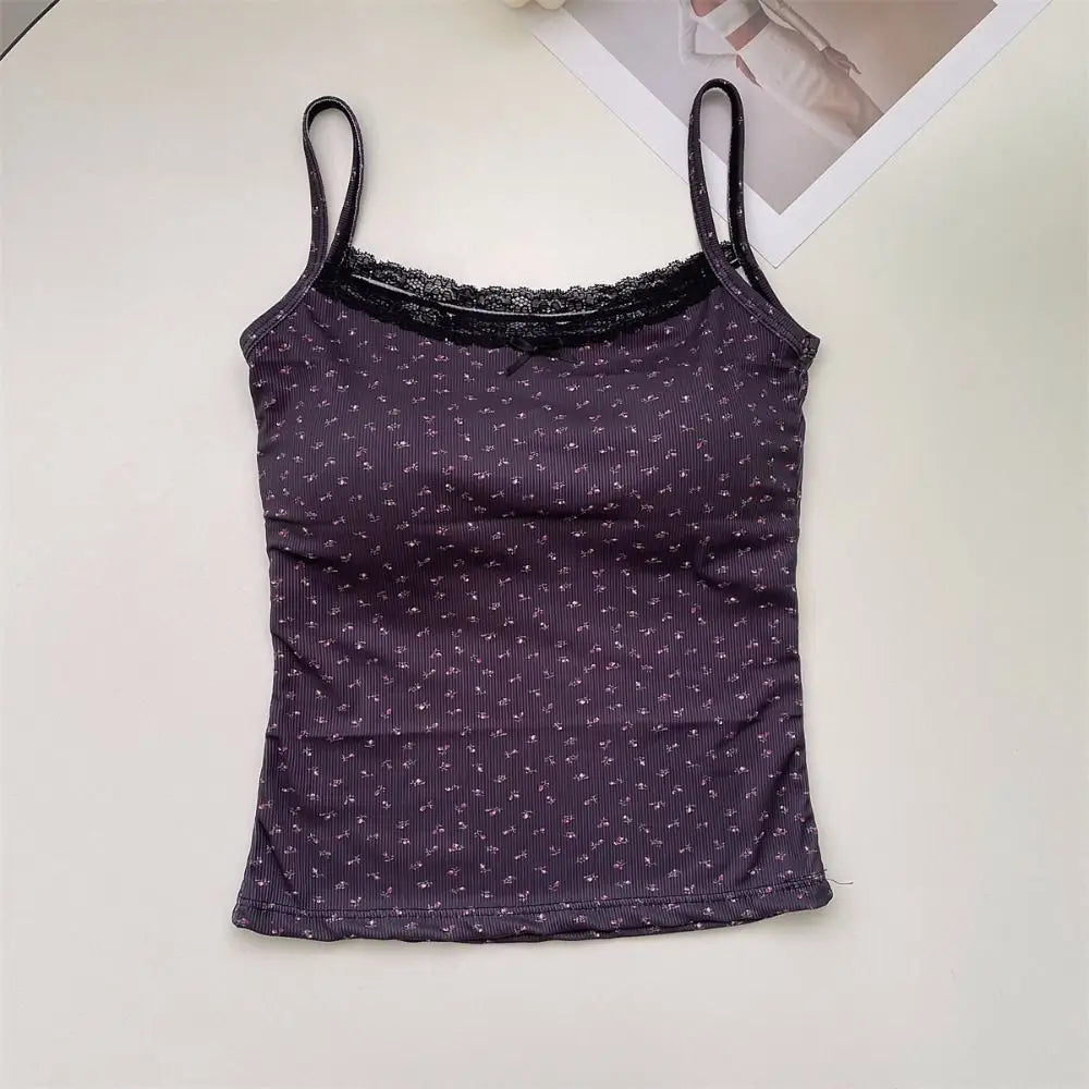 Elegant Lace Flower Print Camis 2024 Y2K Slim Sexy Vest Floral Tops One Size Floral Tank Tops Spring - black