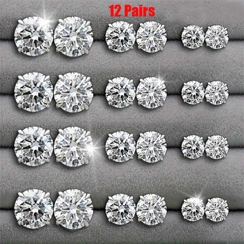 12 Pairs Six Claw Zircon Earrings Set Geometric White Shiny Crystal Wedding Stud Earrings Set for Women Men Jewelry Accessori