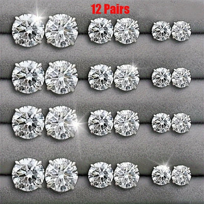 12 Pairs Six Claw Zircon Earrings Set Geometric White Shiny Crystal Wedding Stud Earrings Set for Women Men Jewelry Accessori