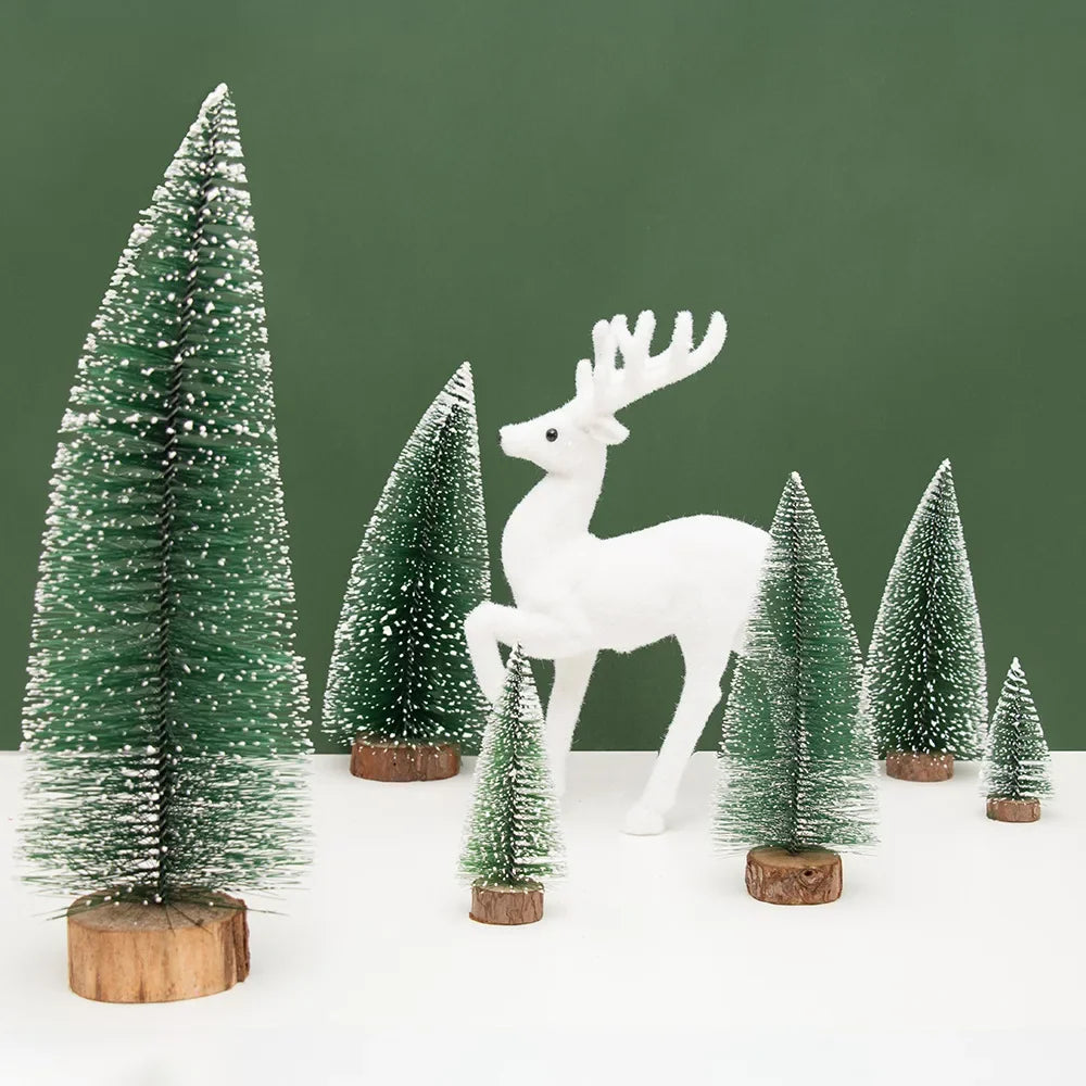 Mini Christmas Tree Decor with Snow Covered Pine DIY Ornaments Winter Snow Ornaments Trees for Xmas Party Home Party bar