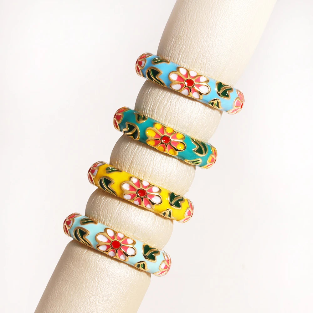 Vintage Colorful Enamel Flower Rings Trendy Geometric Female Minimalist Flower For Ladies Wedding Party Engagement Jewelry Gi
