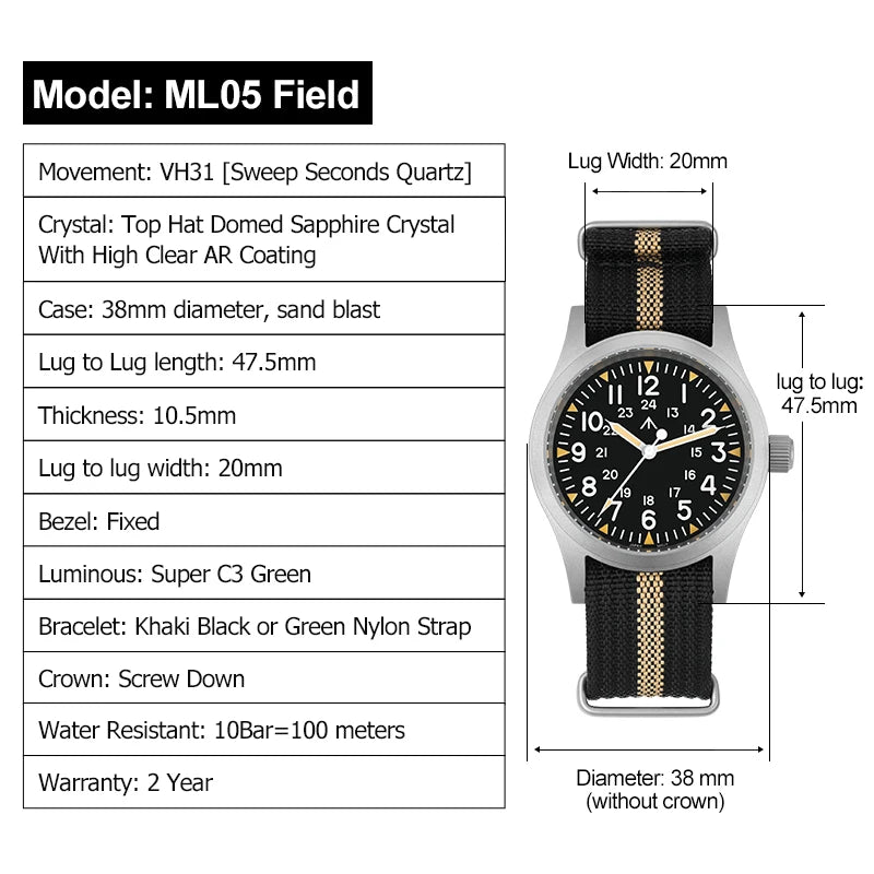 Militado ML05 Vintage Watch VH31 Sweep Second Movement Domed Sapphire Crystal With High Clear AR Coating Luminous 38mm Watche