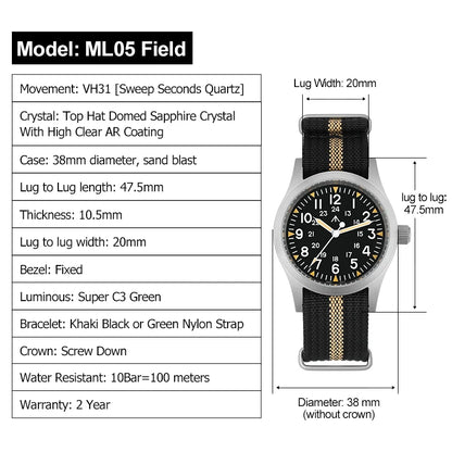 Militado ML05 Vintage Watch VH31 Sweep Second Movement Domed Sapphire Crystal With High Clear AR Coating Luminous 38mm Watche