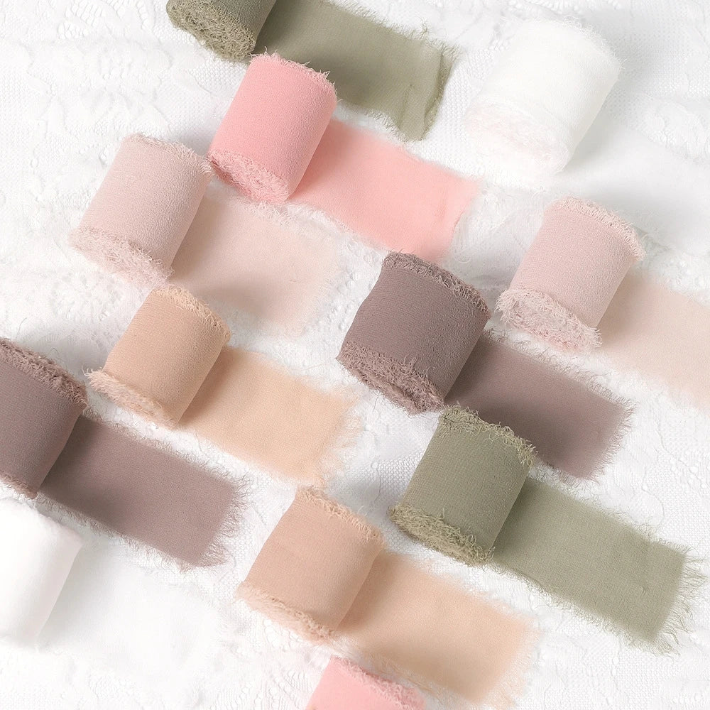 5m/Roll Frayed Silk Ribbon Edged Wrinkle Chiffon Handmade Ripped Wedding Party Flower Bouquet Gift Packing Decorations DIY Cr