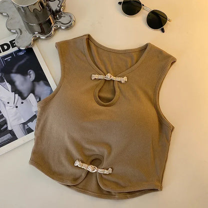 Vintage Hault Tanks Camis For Women Sleeveless Almighty Casual Button Femme Croset Crop Tops With Built in Bras Woman Camisol