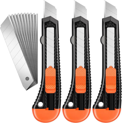 3 Pack Utility Knife Box Cutter Retractable, Compact Box Knife for Cartons, Cardboard and Boxes, with 10 Piece 18mm Wider - 3
