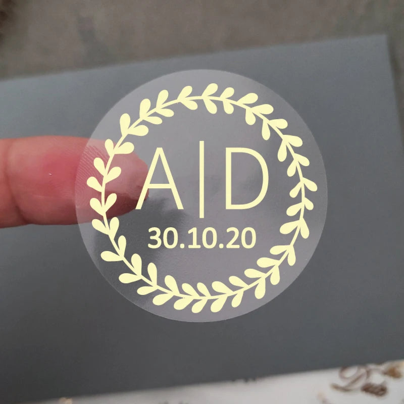50 X Foiled Wedding Monogram Initials Stickers, Personalised Wedding Favour Labels, Custom Shiny Foil Gold Transparent