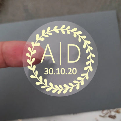 50 X Foiled Wedding Monogram Initials Stickers, Personalised Wedding Favour Labels, Custom Shiny Foil Gold Transparent