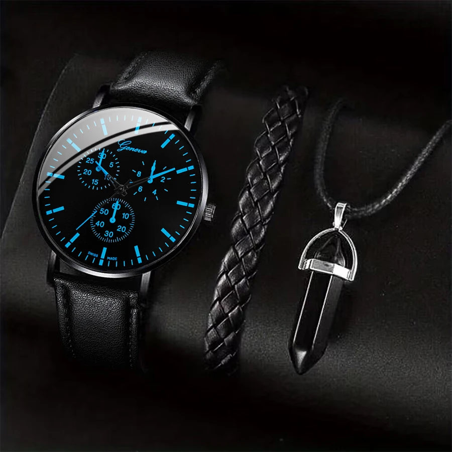 3PCS/Set Men Business Watches Casual Leather Band Analog Male's Quartz Watch Necklace Bracelet Set - 3PCS Set