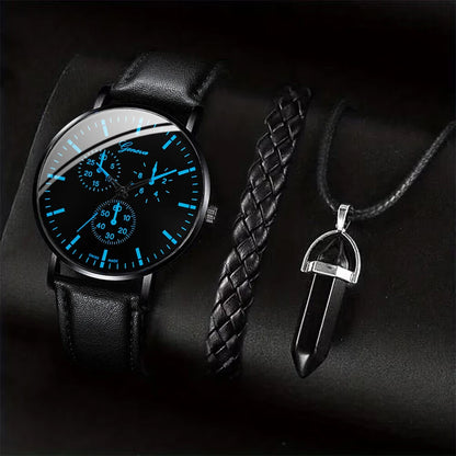 3PCS/Set Men Business Watches Casual Leather Band Analog Male's Quartz Watch Necklace Bracelet Set - 3PCS Set