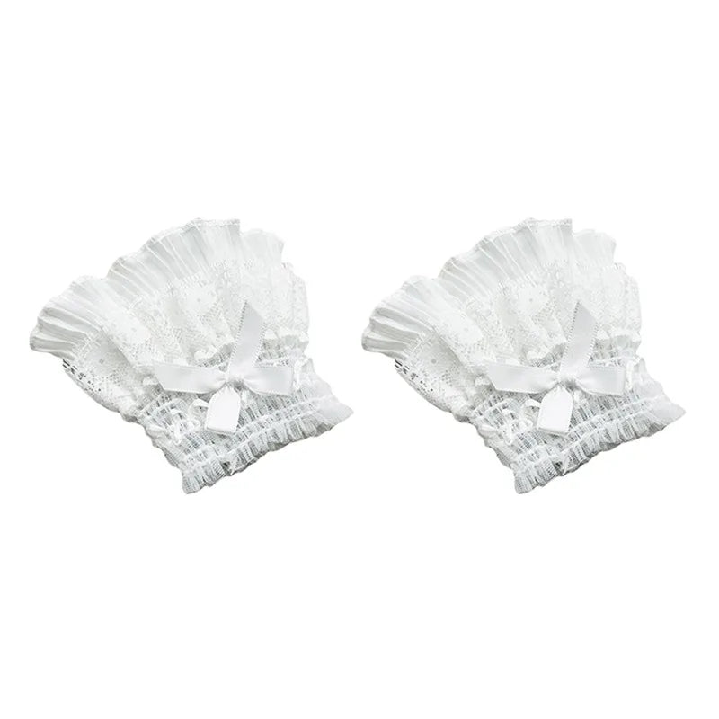Gothic Lolita Hand Wrist Cuffs Bowknot LaceTrim Maid Cosplay Accessories For Women Girl Party - white-B