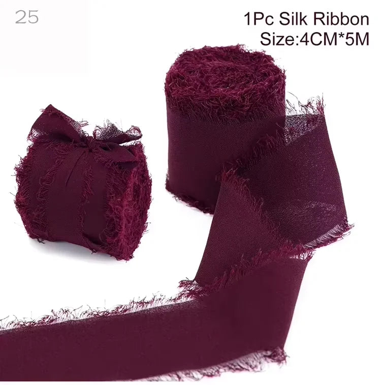 5m/Roll Frayed Silk Ribbon Edged Wrinkle Chiffon Handmade Ripped Wedding Party Flower Bouquet Gift Packing Decorations DIY Cr