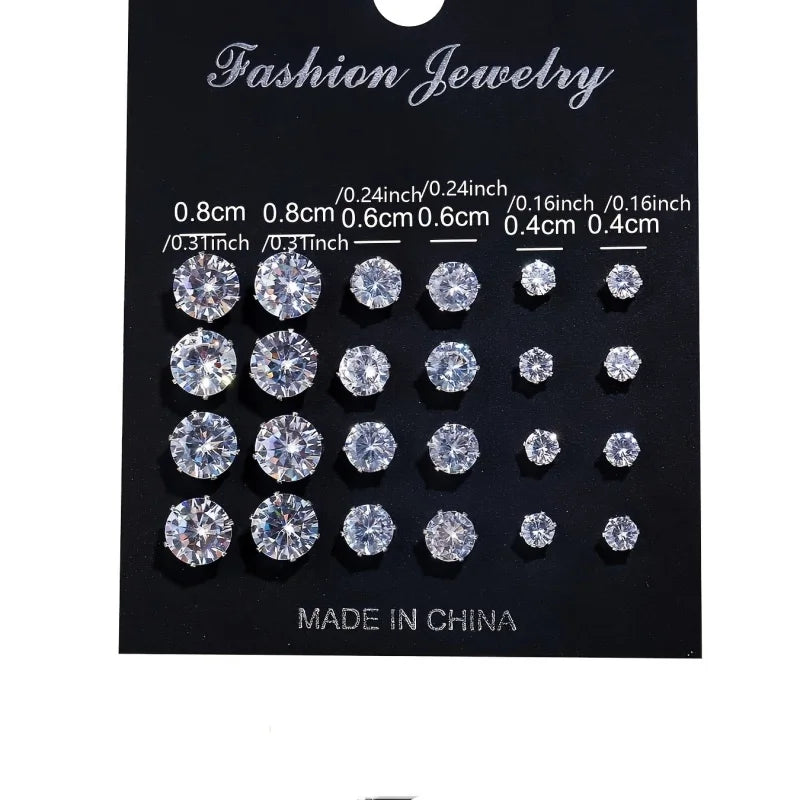 12 Pairs Six Claw Zircon Earrings Set Geometric White Shiny Crystal Wedding Stud Earrings Set for Women Men Jewelry Accessori