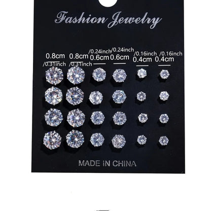 12 Pairs Six Claw Zircon Earrings Set Geometric White Shiny Crystal Wedding Stud Earrings Set for Women Men Jewelry Accessori