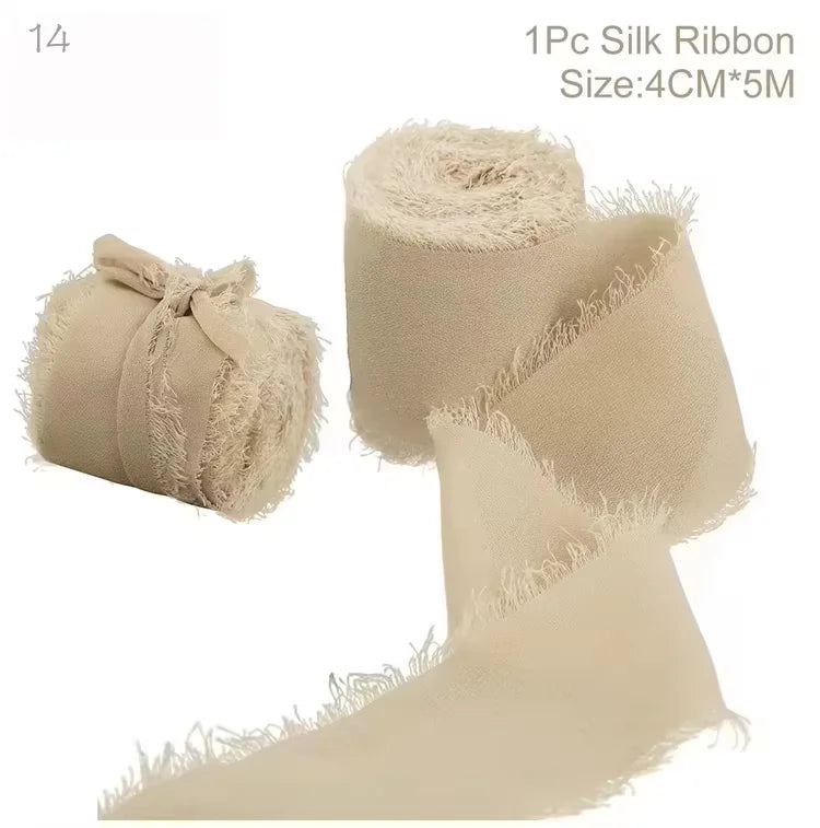 5m/Roll Frayed Silk Ribbon Edged Wrinkle Chiffon Handmade Ripped Wedding Party Flower Bouquet Gift Packing Decorations DIY Cr