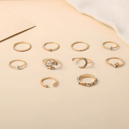 10Pcs Rings Suit For Women Gold-color Chain Ring Set Bohemian Style Coin Snake Moon Star Party Leaves Love Trend Gift Jewelry