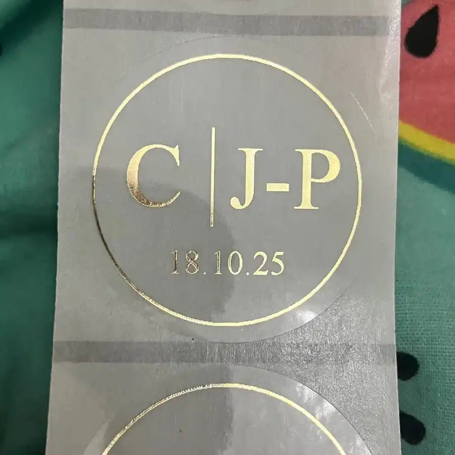 50 X Foiled Wedding Monogram Initials Stickers, Personalised Wedding Favour Labels, Custom Shiny Foil Gold Transparent