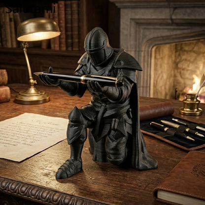Pen Holder 3D Printed Medieval Knight Black Silver Warrior Statue Desk Organizer Creative Office Desktop Decor Stationery Gif