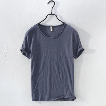 Retro Raw Edge T-Shirt for Men, 100% Cotton, Lightweight,Breathable,Slim-fit, Monochromatic, O-Neck, Casual Basic Top - Dark 