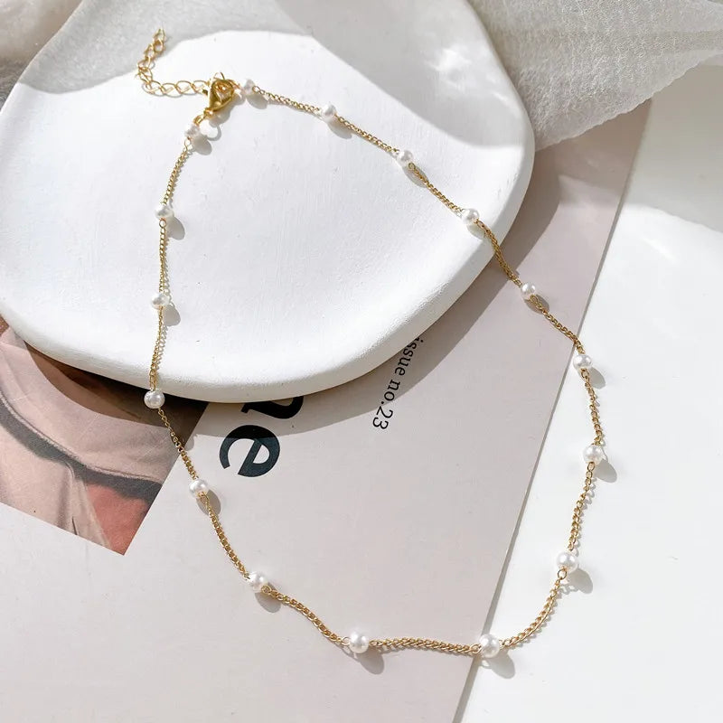 New Beads Women's Neck Chain Kpop Pearl Choker Necklace Gold Color Goth Chocker Jewelry On The Neck Pendant 2022 Collar For G