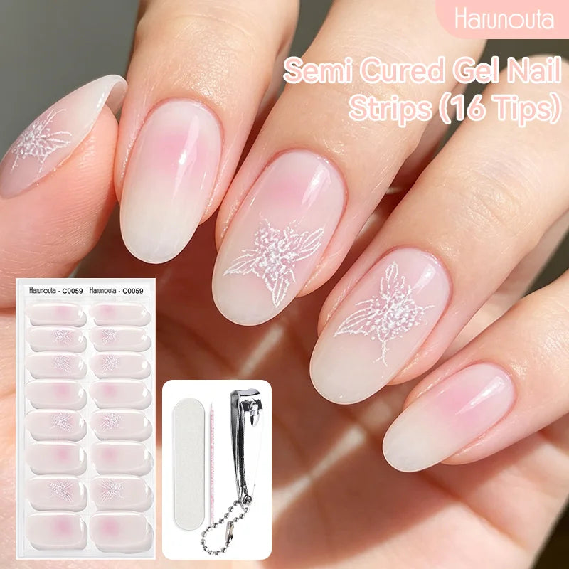 Harunouta 16strips Semi Cured Gel Nail Strips with Nail Clipper Set Self-Adhesive Glitter for Nails Work with UV/LED - Set 13