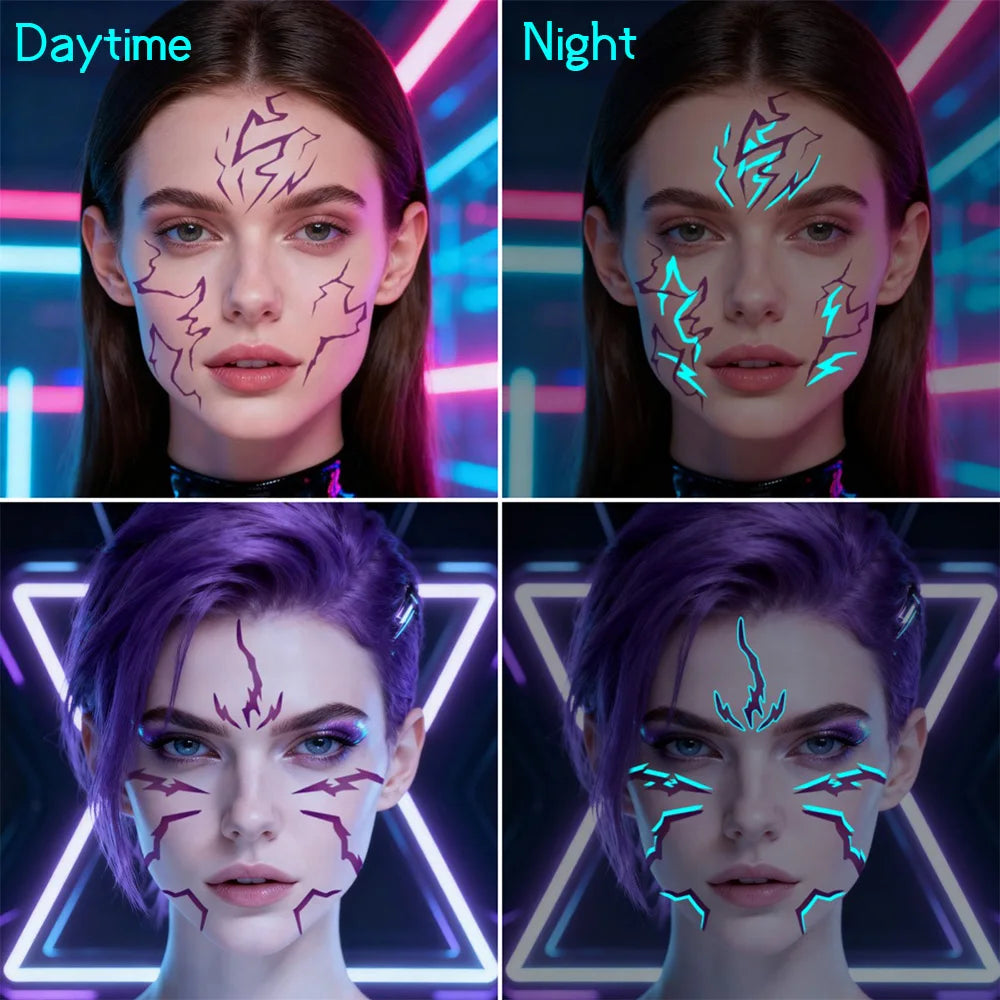 2pcs Glow in The Dark Kpop Gothic Women Face Temporary Tattoos -Cool Blue Purple Lightning & Vein Body Art Waterproof Tattoos