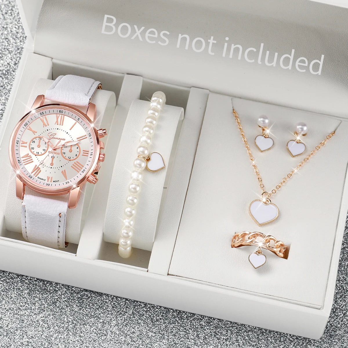 5/6PCS Fashion Women's Quartz Watch Leather Band Analog Wrist Watches Heart Rhinestone Jewelry Set(Without Box) - G Without B