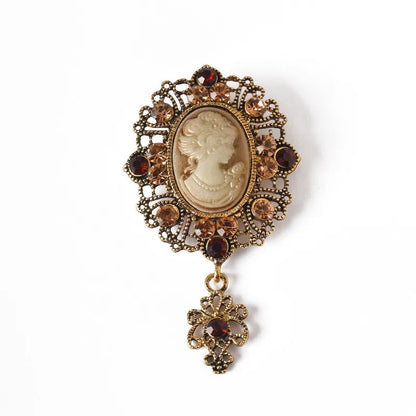 Victorian Crystal Rhinestones Cameo Vintage Brooches For Women Queen's Cameo Beauty Head Brooch Pin Clothing Accessor
