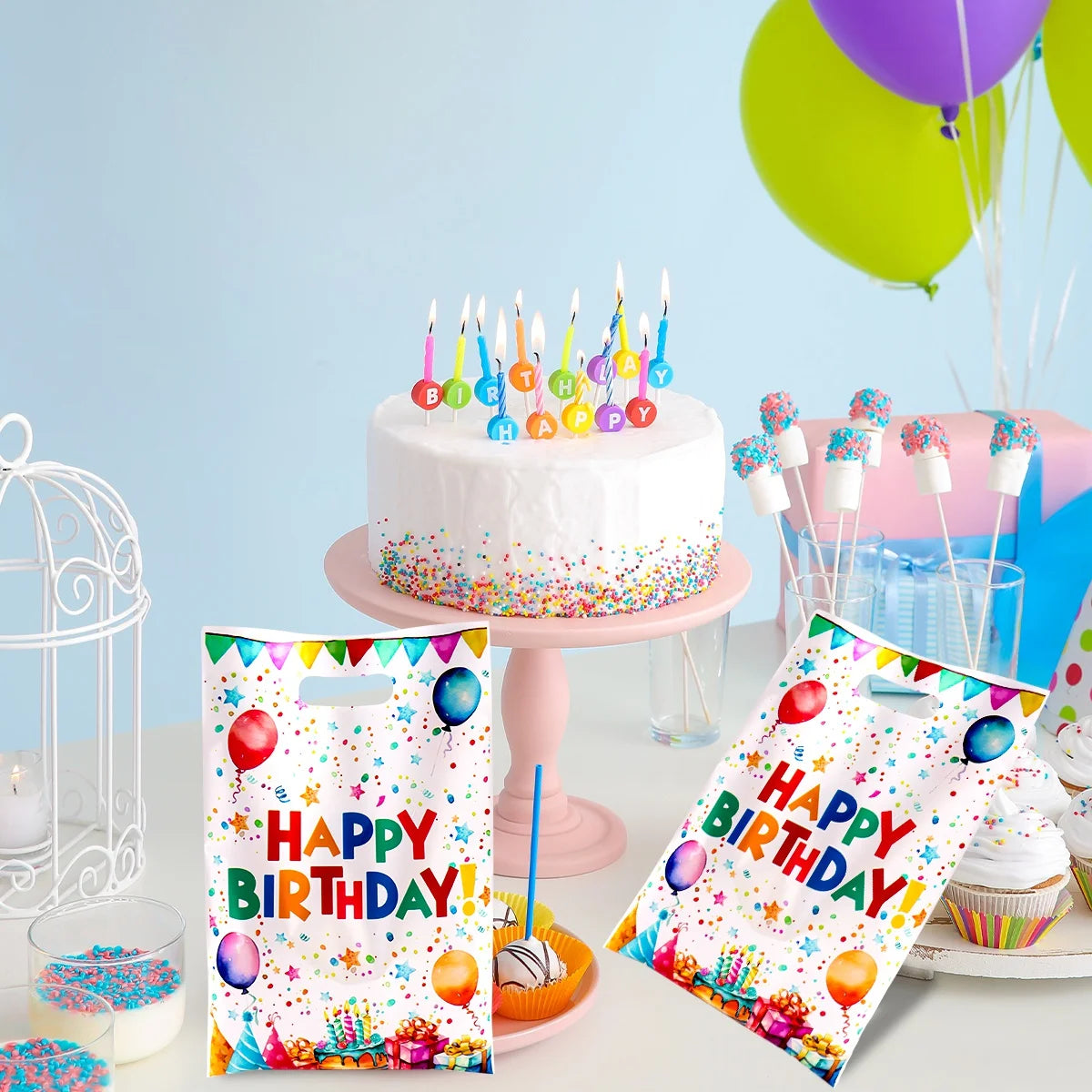10/20/50pcs Happy Birthday Gift Bags Colorful Balloon Pattern Plastic Tote Bags for Adults Happy Birthday Party Decoration