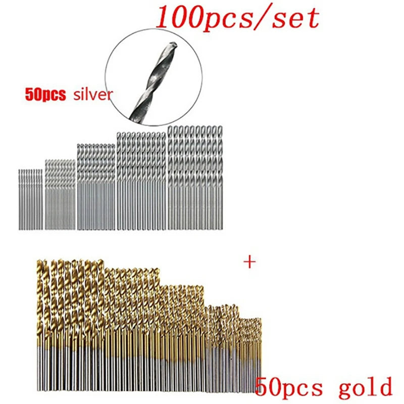 100/50Pcs Titanium Coated Drill Bits HSS High Speed Steel Set Tool Quality Power Tools 1/1.5/2/2.5/3mm - 100pcs GoldSilver