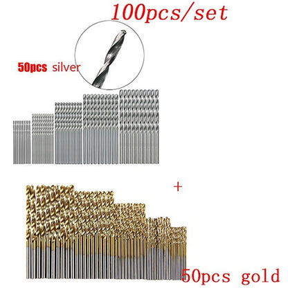 100/50Pcs Titanium Coated Drill Bits HSS High Speed Steel Set Tool Quality Power Tools 1/1.5/2/2.5/3mm - 100pcs GoldSilver