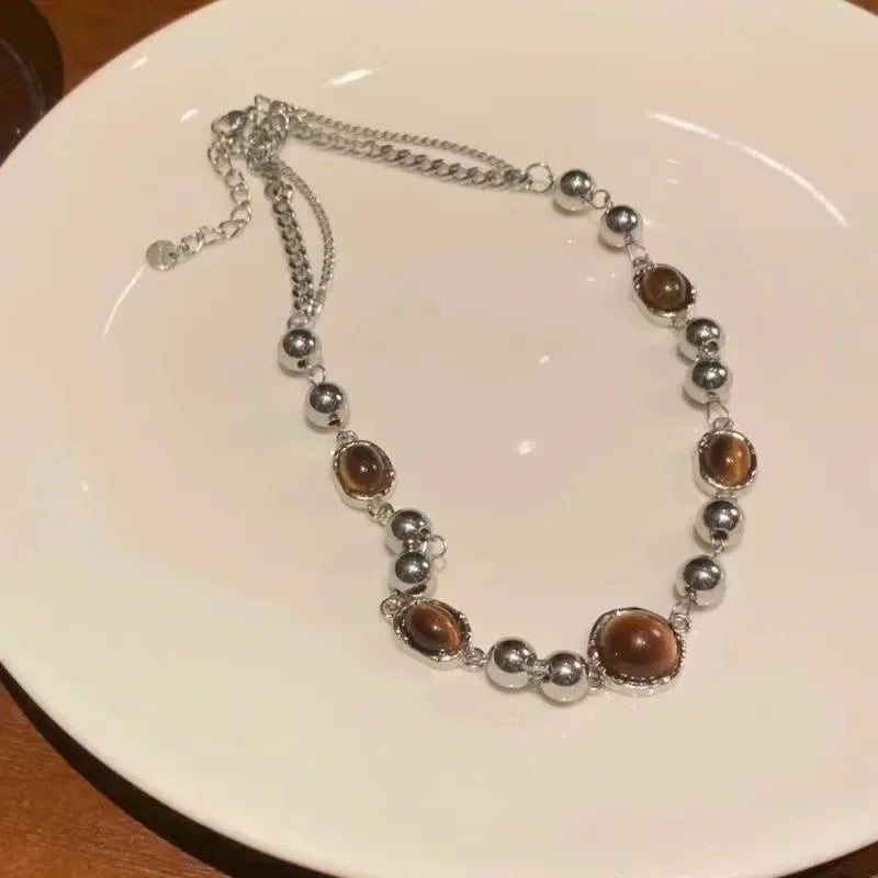 Vintage Leather Brown Stone Pendant Necklace Women's Retro Stacking Choker Temperament Clavicle Chain Hip Hop Jewelry Accesso
