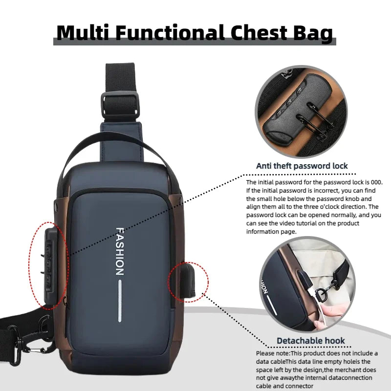 Durable Oxford Fabric Men's Sling Bag - Stylish Motorcycle Crossbody Chest Pack with Phone Pocket, Zip Closure for Daily Comm